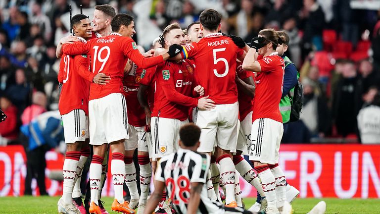 Man Utd players celebrate the 2-0 Carabao Cup final win over Newcastle