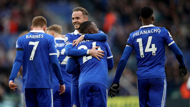 Leicester City&#39;s Nampalys Mendy (second right) is congratulated by team-mates