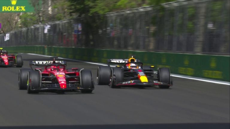 Max Verstappen and Fernando Alonso make overtakes after safety car restart at the Azerbaijan GP