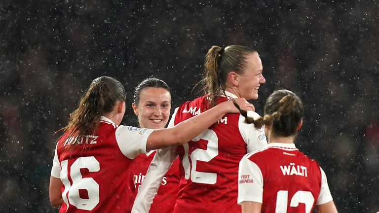 Maanum celebrates her opener for Arsenal against Bayern Munich