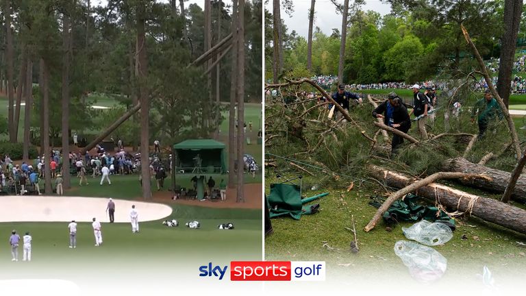 Play during the second round at The Masters was suspended shortly after a tree fell at the 17th hole at Augusta National in high winds on Friday