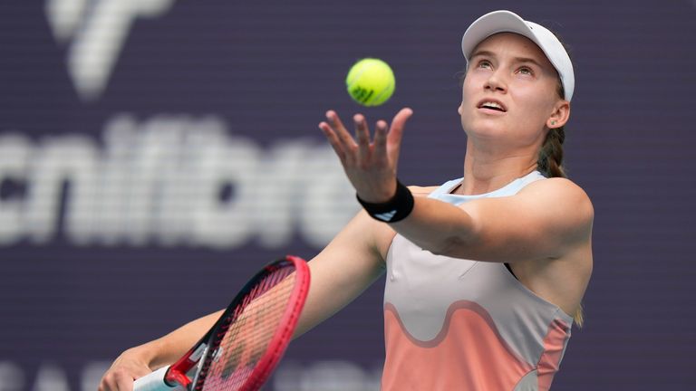 Elena Rybakina, of Kazakhstan, serves to Petra Kvitova, of the Czech Republic, during the women&#39;s singles finals of the Miami Open tennis tournament, Saturday, April 1, 2023, in Miami Gardens, Fla. (AP Photo/Wilfredo Lee)