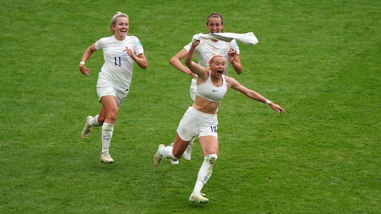 England&#39;s Chloe Kelly celebrates scoring their side&#39;s second goal of the game during the UEFA Women&#39;s Euro 2022 final at Wembley Stadium, London. Picture date: Sunday July 31, 2022.
