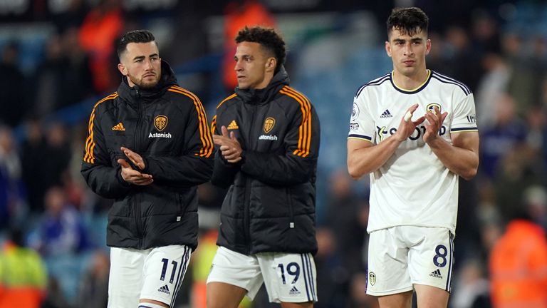 Leeds United players look despondent after their 6-1 defeat to Liverpool at Elland Road.