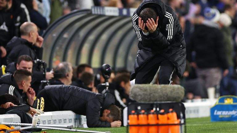 Javi Gracia and his backroom staff react to Patrick Bamford&#39;s miss from close range late in the second half