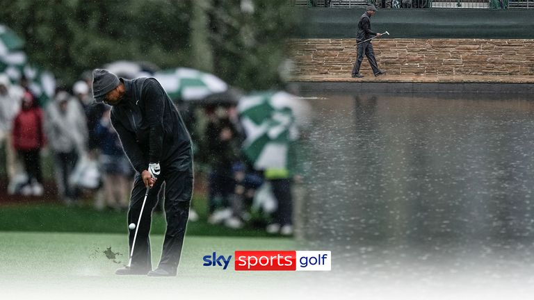 Tiger Woods is propping up The Masters leaderboard after finding the water twice on the rain-soaked course at Augusta 