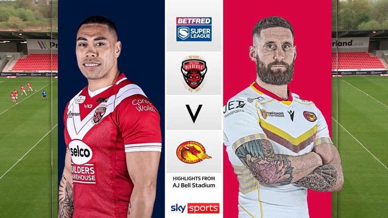 Highlights of the Betfred Super League match between the Salford Red Devils and the Catalans Dragons.