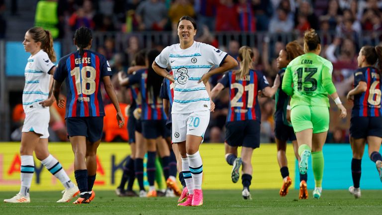 Chelsea&#39;s Samantha Kerr looks dejected as Barcelona players celebrate at reaching the final at full time