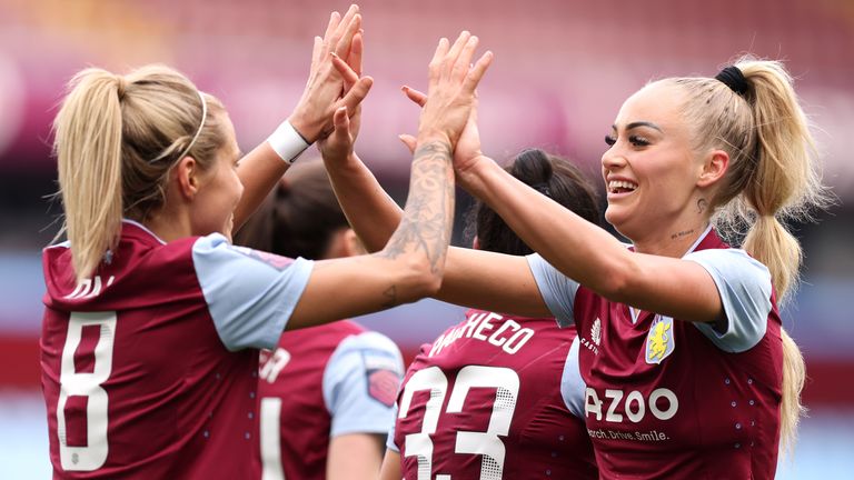 Aston Villa&#39;s Alisha Lehmann and Rachel Daly celebrate their fifth goal