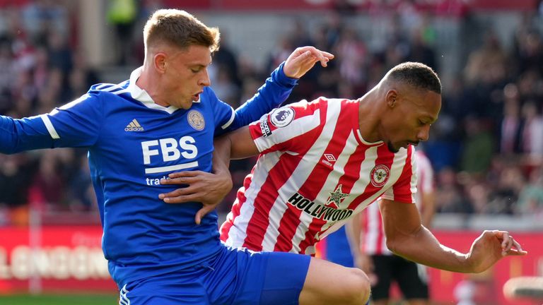 Harvey Barnes and  Ethan Pinnock contest possession