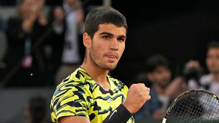 Carlos Alcaraz during his match against Dimitrov at the Mutua Madrid Opena, on April 30, 2023, in Madrid (Spain). . CELEBRITIES;TENNIS;ALCARAZ;TELEVISION;SPORT Francisco Guerra / Europa Press 04/30/2023 (Europa Press via AP)