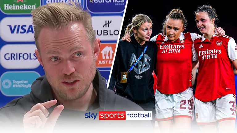 Arsenal&#39;s Leah Williamson (left) speaks to Teyah Goldie and Lotte Wubben-Moy at the end of the UEFA Women&#39;s Champions League semi-final second leg match at the Emirates Stadium, London. Picture date: Monday May 1, 2023.