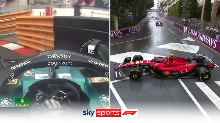 Rain causes chaos in Monaco with Verstappen nudging the wall, Lance Stroll hitting the barriers and Carlos Sainz spinning around!