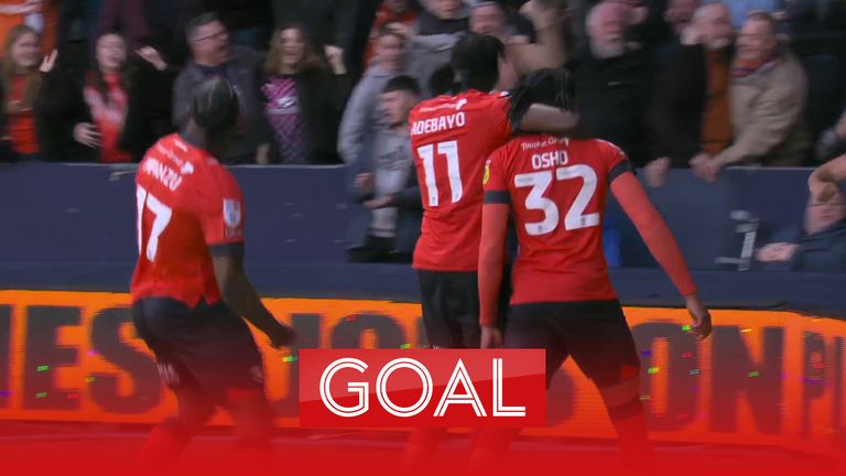 Gabriel Osho celebrates after putting Luton 1-0 up in their Championship play-off semi-final second leg against Sunderland.