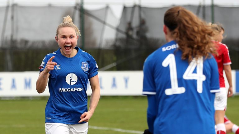 Izzy Christiansen celebrates scoring for Everton.