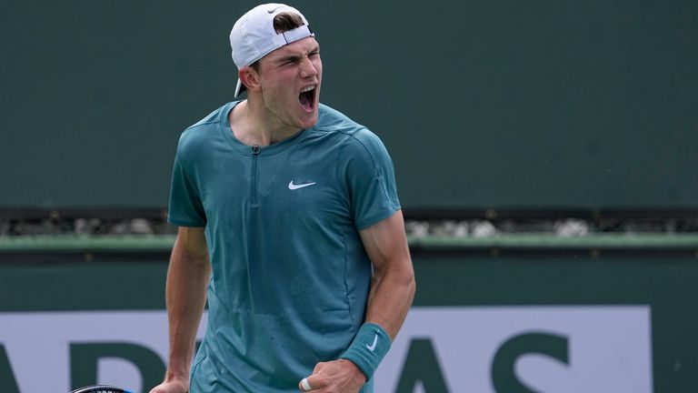 Jack Draper, of Britain, celebrates winning a point against Daniel Evans, of Britain, at the BNP Paribas Open tennis tournament Saturday, March 11, 2023, in Indian Wells, Calif. (AP Photo/Mark J. Terrill)