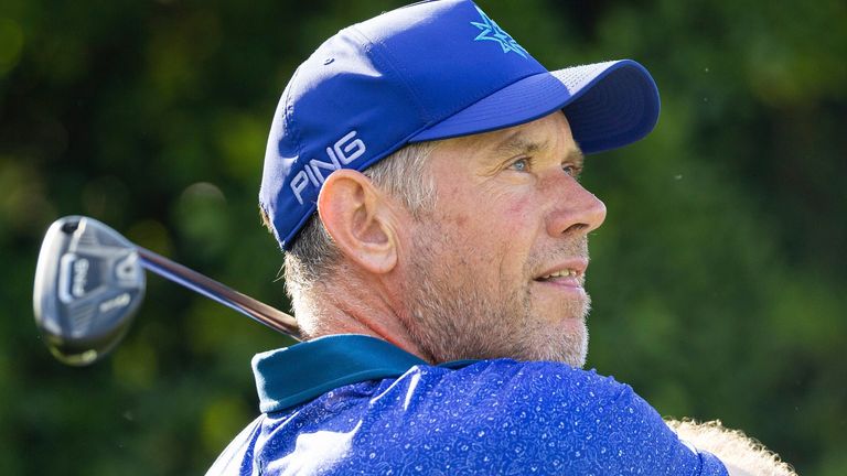 Co-Captain Lee Westwood of Majesticks GC hits his shot from the 16th tee during the final round of LIV Golf Singapore