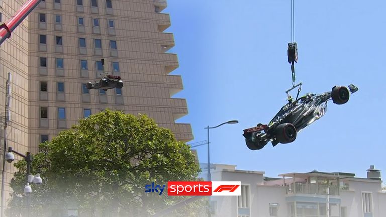 Lewis Hamilton brings out the red flag after hitting the wall at Mirabeau and the session will not be resumed with the Mercedes wedged in the barriers