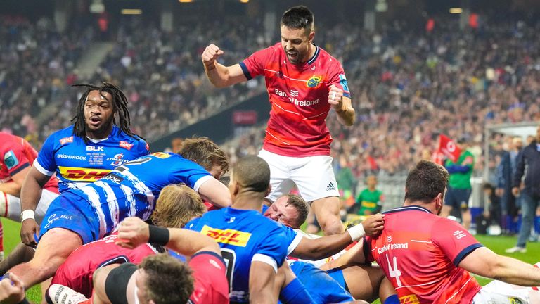 Munster scrum-half Conor Murray celebrates Diarmuid Barron's try (not in view) through a rolling maul 