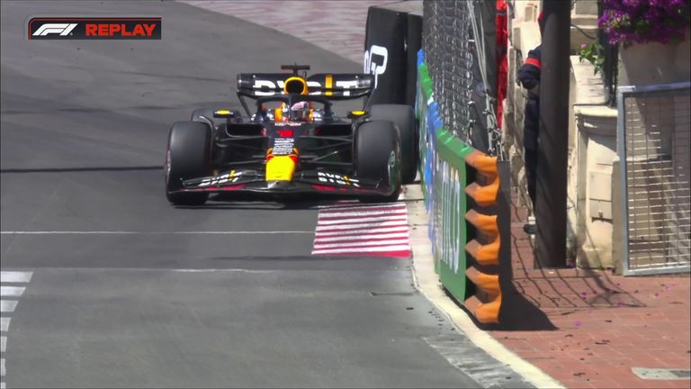 Max Verstappen clips the barriers at Turn 1 as he tests the limits of the Monaco track in Practice Three