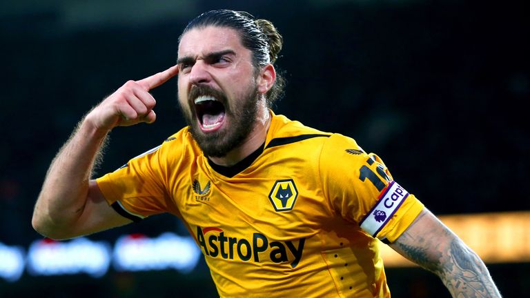 Ruben Neves celebrates after extending Wolves&#39; lead against Liverpool