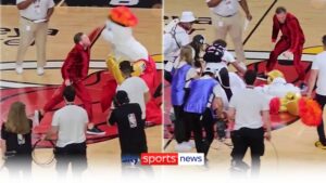 Read more about the article Conor McGregor knocks out Miami Heat mascot during half-time stunt | Video | Watch TV Show