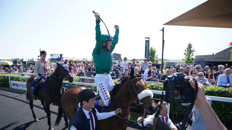 Chris Hayes celebrates a Classic victory in the Irish 1000 Guineas on Tahiyra