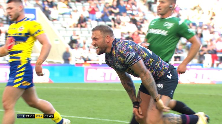 Josh Griffin completed his hat-trick for Hull FC against Warrington after a wonderful team move from within their own half.