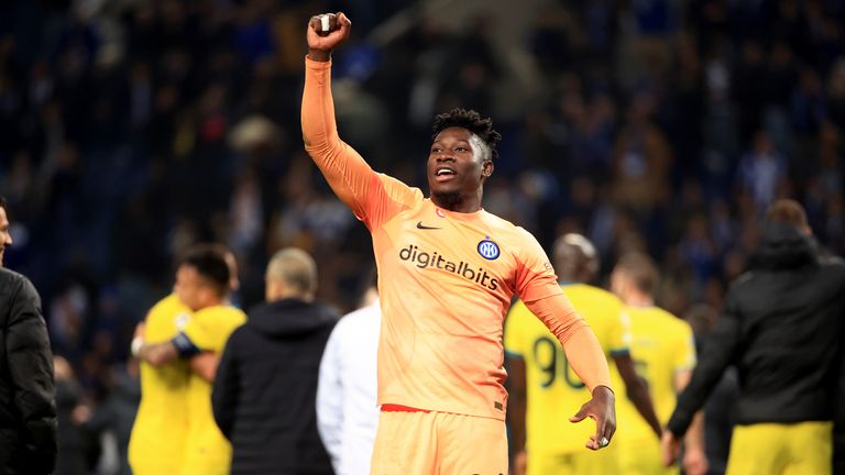 Inter Milan&#39;s goalkeeper Andre Onana celebrates