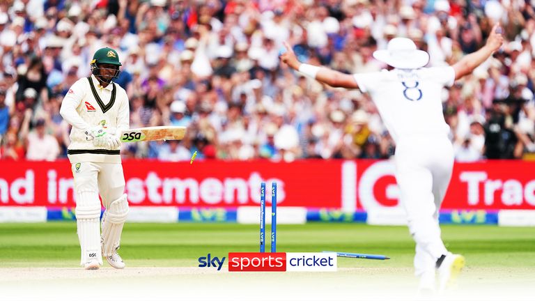 Stuart Broad celebrates the wicket of Australia&#39;s Usman Khawaja