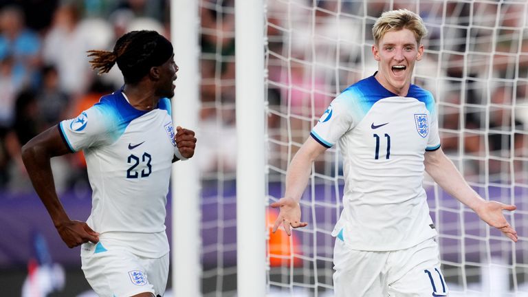 Anthony Gordon of England celebrates after scoring vs Portugal