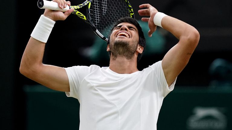 Carlos Alcaraz celebrates victory over Matteo Berrettini on day eight of the 2023 Wimbledon Championships at the All England Lawn Tennis and Croquet Club in Wimbledon. Picture date: Monday July 10, 2023.