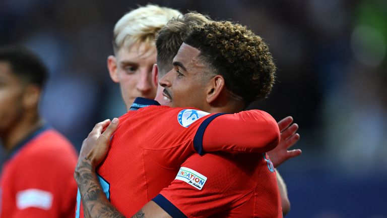 England&#39;s Morgan Gibbs-White, right, celebrates with teammates after scoring his side&#39;s first goal during the Euro 2023 U21 Championship semifinal soccer match between Israel and England at the Batumi Arena stadium in Batumi, Georgia, Wednesday, July 5, 2023.(AP Photo/Tamuna Kulumbegashvili)