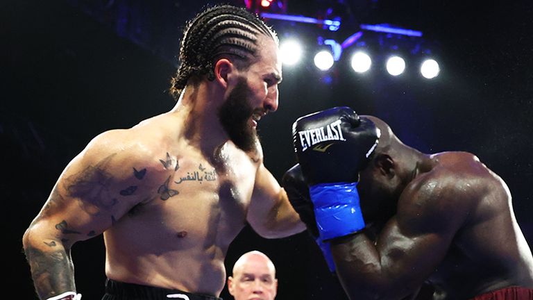 TULSA, OKLAHOMA - AUGUST 26: Nico Ali Walsh (L) and Sona Akale (R) exchange punches during their middleweight fight at Hard Rock Live on August 26, 2023 in Tulsa, Oklahoma. (Photo by Mikey Williams/Top Rank Inc via Getty Images)