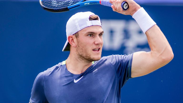 August 21, 2023: Jack Draper returns the ball during the first round of the 2023 Winston-Salem Open at Wake Forest Tennis Complex in Wnston-Salem, NC. (Scott Kinser) (Credit Image: .. Scott Kinser/Cal Sport Media) (Cal Sport Media via AP Images)