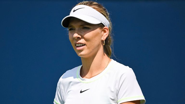 Look on Katie Boulter (GBR) during a second round match at WTA National Bank Open on August 09, 2023 at IGA Stadium in Montreal, QC (Photo by David Kirouac/Icon Sportswire) (Icon Sportswire via AP Images)