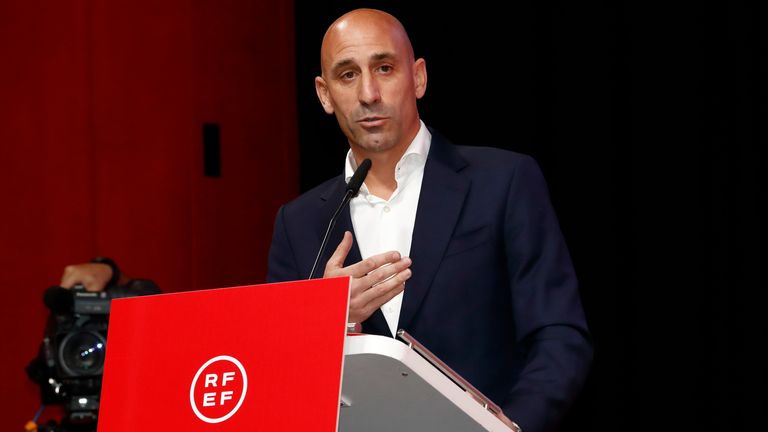 Luis Rubiales speaks at a press conference where he refused to resign as president of the Spanish FA for kissing Jenni Hermoso on the lips during Women&#39;s World Cup final celebrations on Sunday