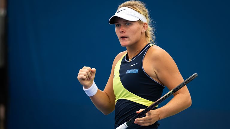 Peyton Stearns of the United States in action against Viktoriya Tomova of Bulgaria in the first round on Day 2 of the US Open at USTA Billie Jean King National Tennis Center on August 29, 2023 in New York City (Photo by Robert Prange/Getty Images)