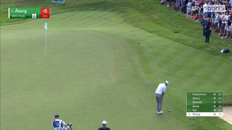 Ludvig Åberg shines as he chips in his shot from an awkward spot on the edge of the green for a birdie!