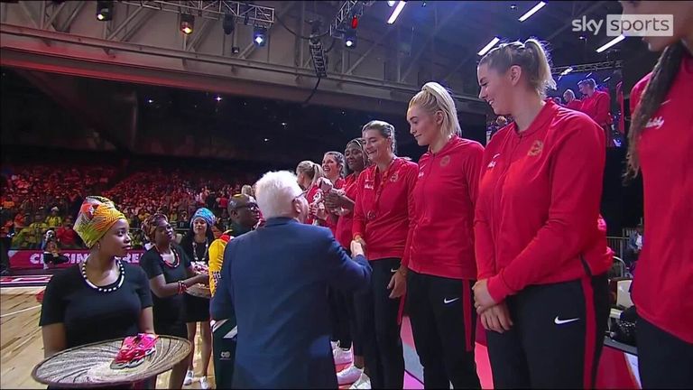 After defeat in the Netball World Cup final against Australia, the England players collect their silver medals in South Africa