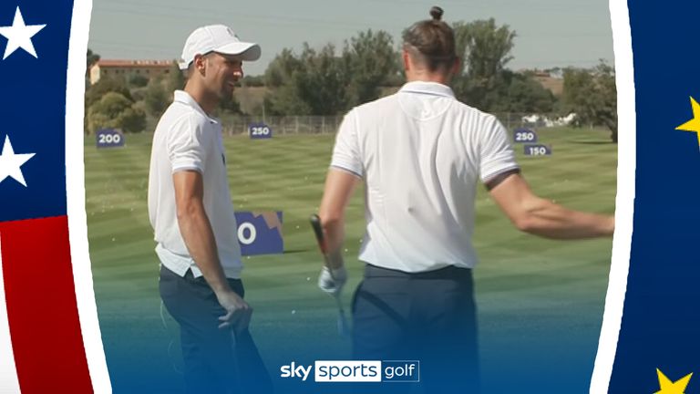 Gareth Bale gives Novak Djokovic a golf lesson ahead of the Ryder Cup All-Star match at the Marco Simone Golf & Country Club