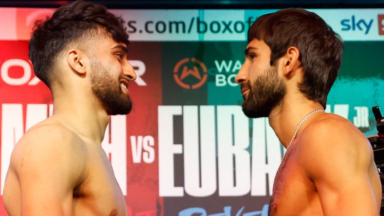 SMITH v EUBANK JR 2 BOXXER .01/09/2023 NEW CENTURY MANCHESTER.WEIGH IN.PIC LAWRENCE LUSTIG/BOXXER.(PICS FREE FOR EDITORIAL USE ONLY).WBA CONTINENTAL SUPER-LIGHTWEIGHT CHAMPIONSHIP.ADAM AZIM v ARAM FANYAN