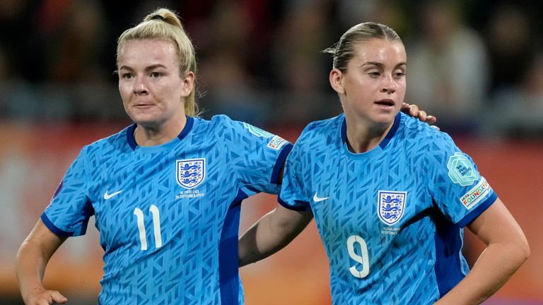 England&#39;s Alessia Russo, right, celebrates with her team-mate Lauren Hemp after scoring vs Netherlands