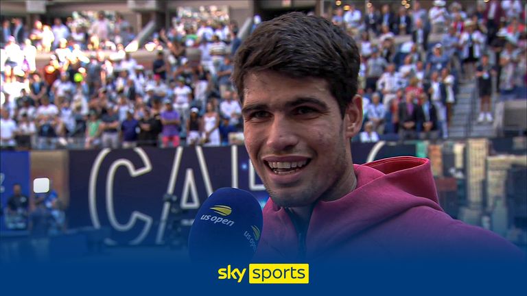 Carlos Alcaraz reacts to his match with Dan Evans