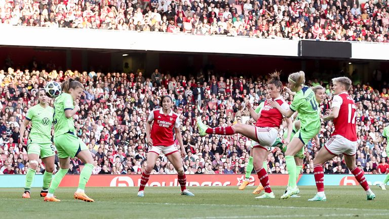 Jen Beattie scored Arsenal&#39;s second goal during the second-leg of their Champions League semi-final defeat to Wolfsburg