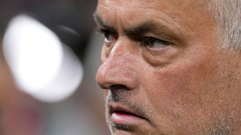 Roma&#39;s head coach Jose Mourinho walks on the field after loosing the Europa League final soccer match against Sevilla at the Puskas Arena stadium in Budapest, Hungary, Thursday, June 1, 2023. (AP Photo/Darko Bandic)