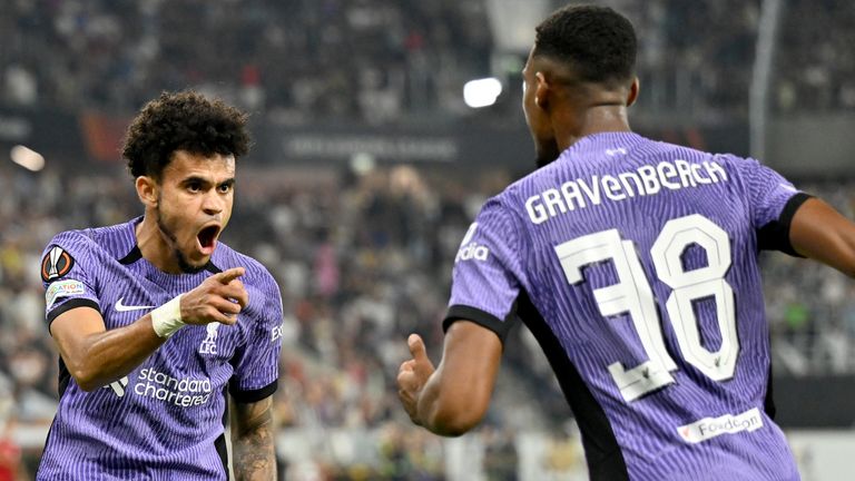 Luis Diaz celebrates putting Liverpool in front with Ryan Gravenberch against LASK in the Europa League