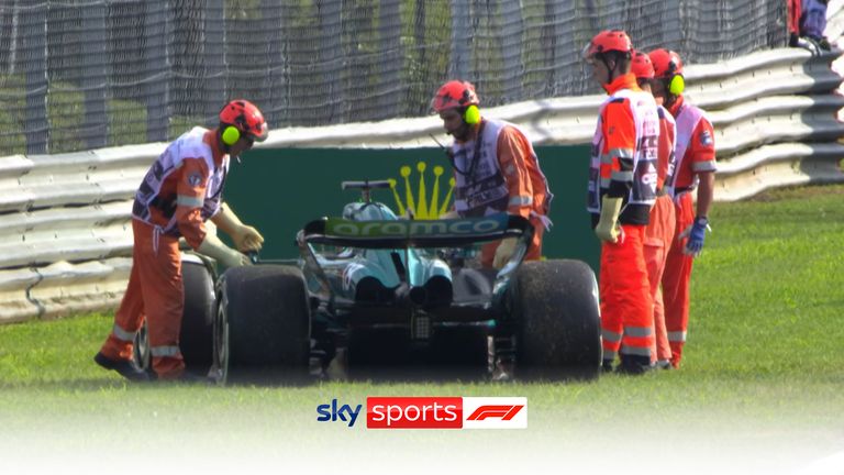 Aston Martin's Lance Stroll brings out an early red flag in Practice 2 and then attempts to fire the car back up before being pushed off track by the marshals