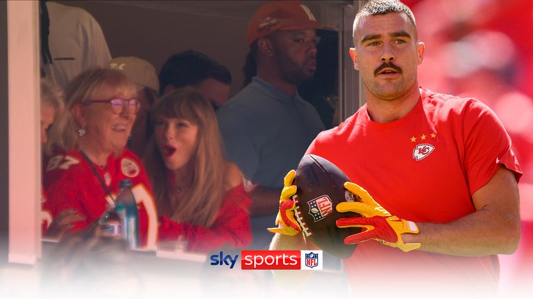 Taylor Swift watches on as Kansas City Chiefs' Travis Kelce makes his entrance at Arrowhead Stadium