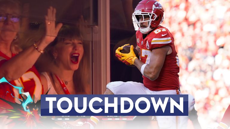 The Kansas City Chiefs' Patrick Mahomes finds the ever-reliable Travis Kelce in the endzone for the touchdown, as Taylor Swift celebrates in the Arrowhead crowd